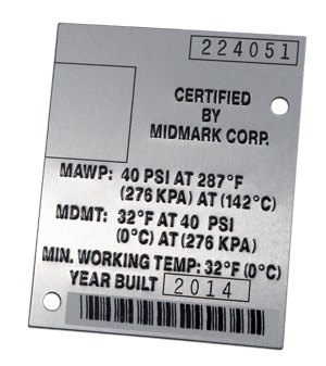 metal asset tag with bar code and stamped numbers